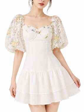 CHICME Like New Milkmaid Cottage Lace Pastel Floral Puff Sleeve Mini Dress Sz XL
